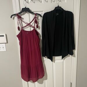Burgundy Dress and Black Cardigan Set